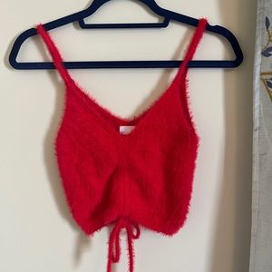 Skylar+madison red fuzzy ruched crop top with tie